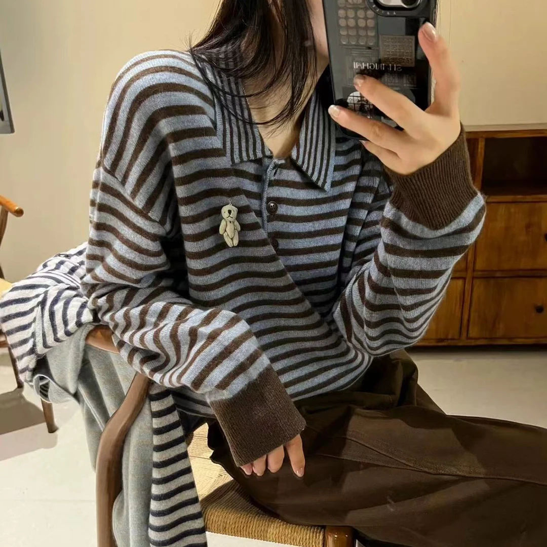 TEA.H小熊装饰POLO领羊毛针织衫女秋装25新款欧货打底衫潮4330