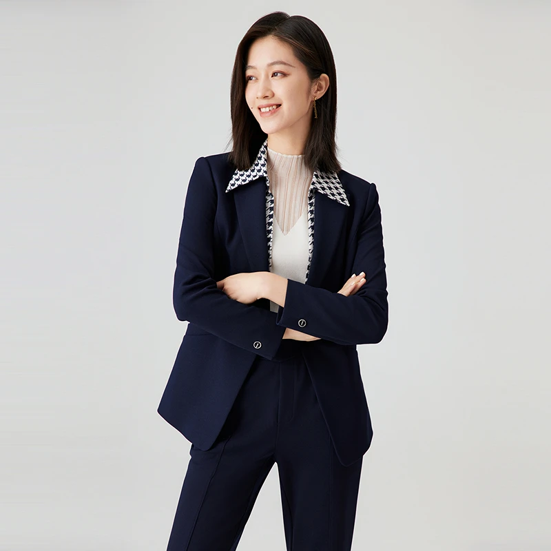 赢智尚秋冬时尚显瘦减龄可拆卸千鸟格领假两件轻职场西装ZA01243