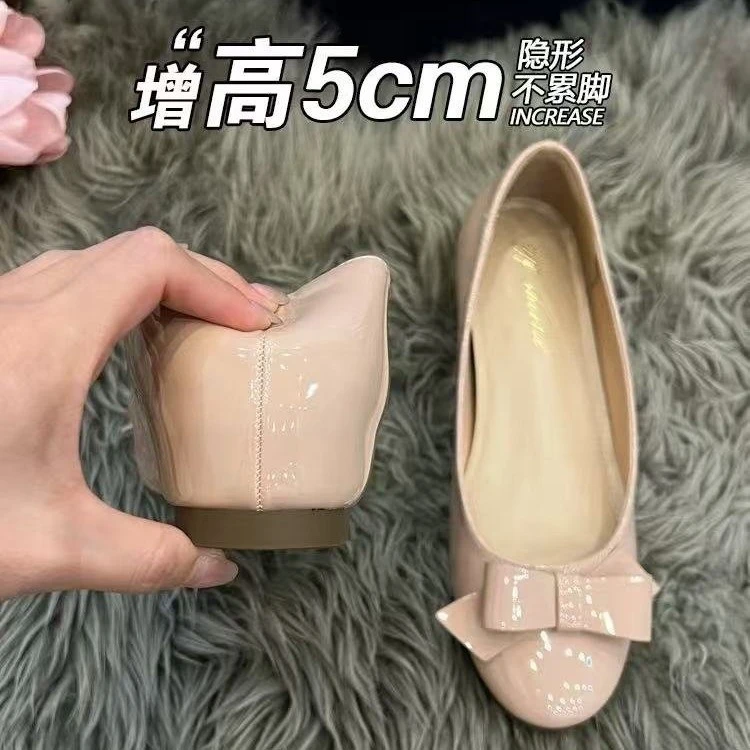 羊皮版~小个子内增高单鞋女2025夏新款蝴蝶结小香风配裙子芭蕾鞋
