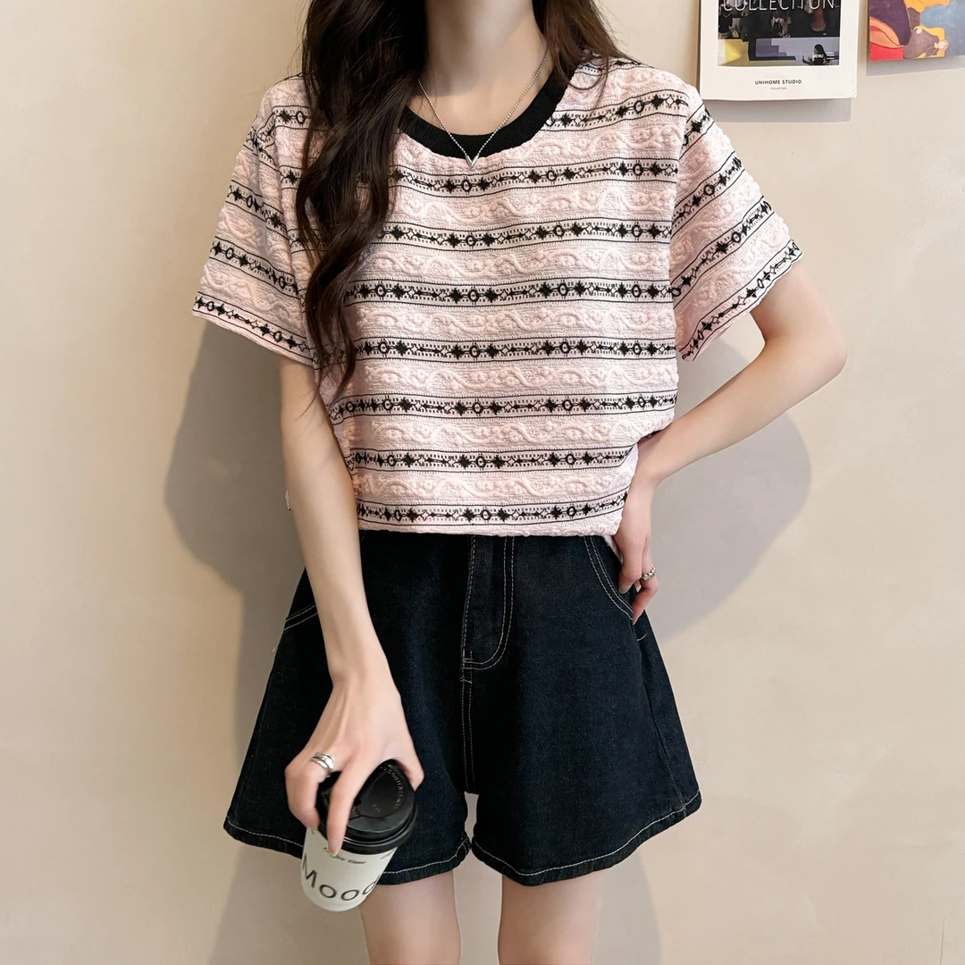 设计感提花条纹T恤女短袖2025夏季爆款宽松慵懒风显瘦圆领上衣潮