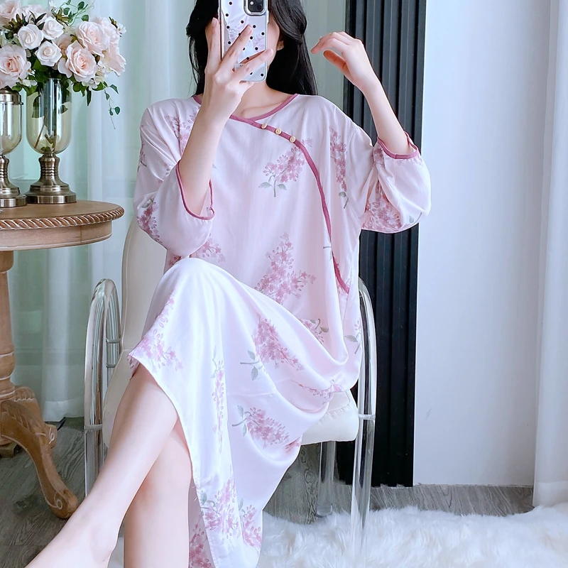 棉绸睡衣女睡裙中袖人造棉绵绸薄款宽松新中式家居服中长裙可外穿