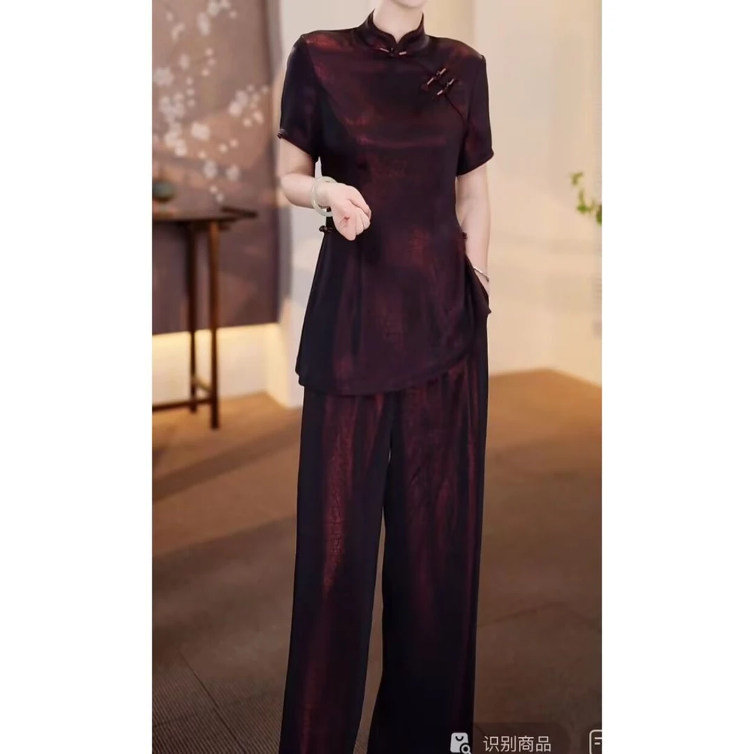 高级宋锦霞光缎新中式气质俩件套2025夏季新款中老年国风修身套装