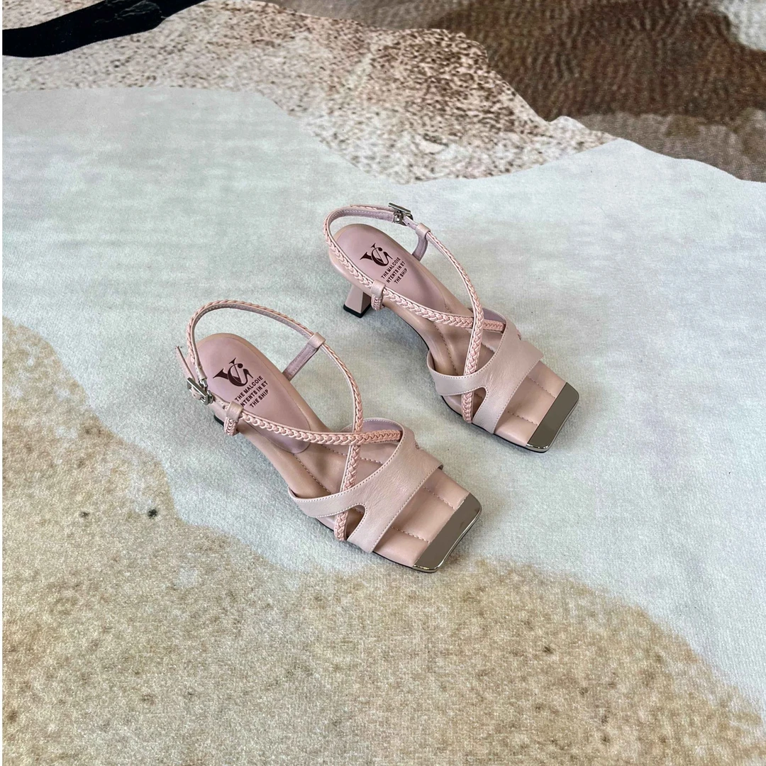 范戈希牛皮跟6cm夏露趾粗跟方头时装凉鞋气质百搭网红凉鞋买1赠3