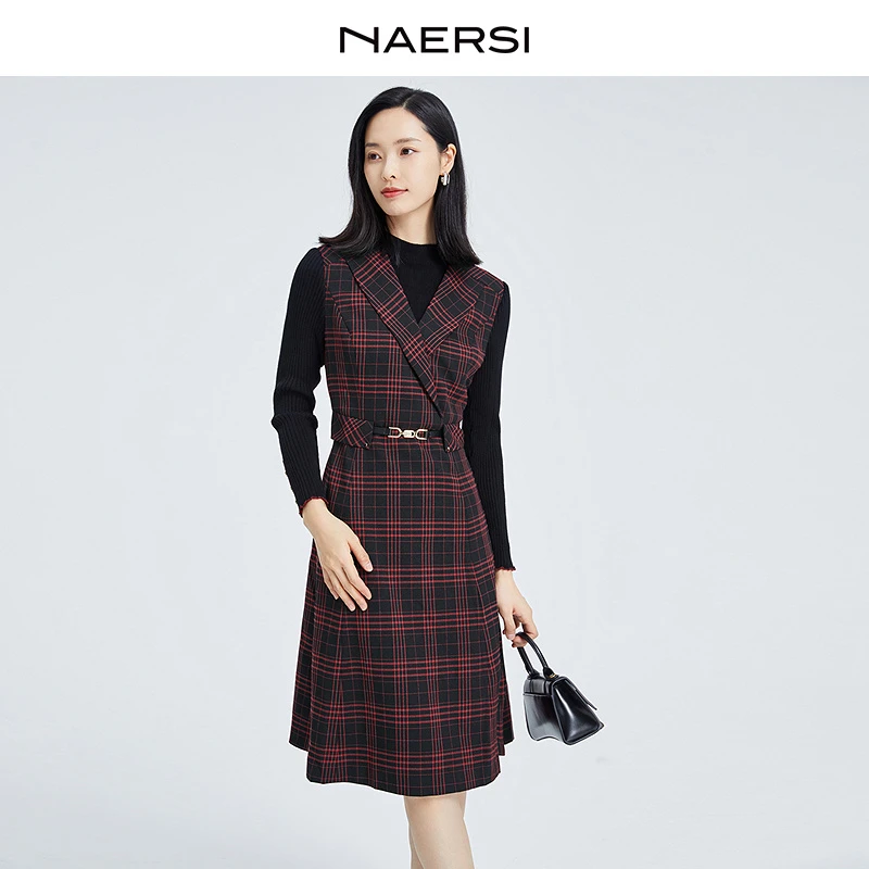 娜尔思新年穿搭时尚优雅收腰格子拼接长袖女装连衣裙NF08560A6