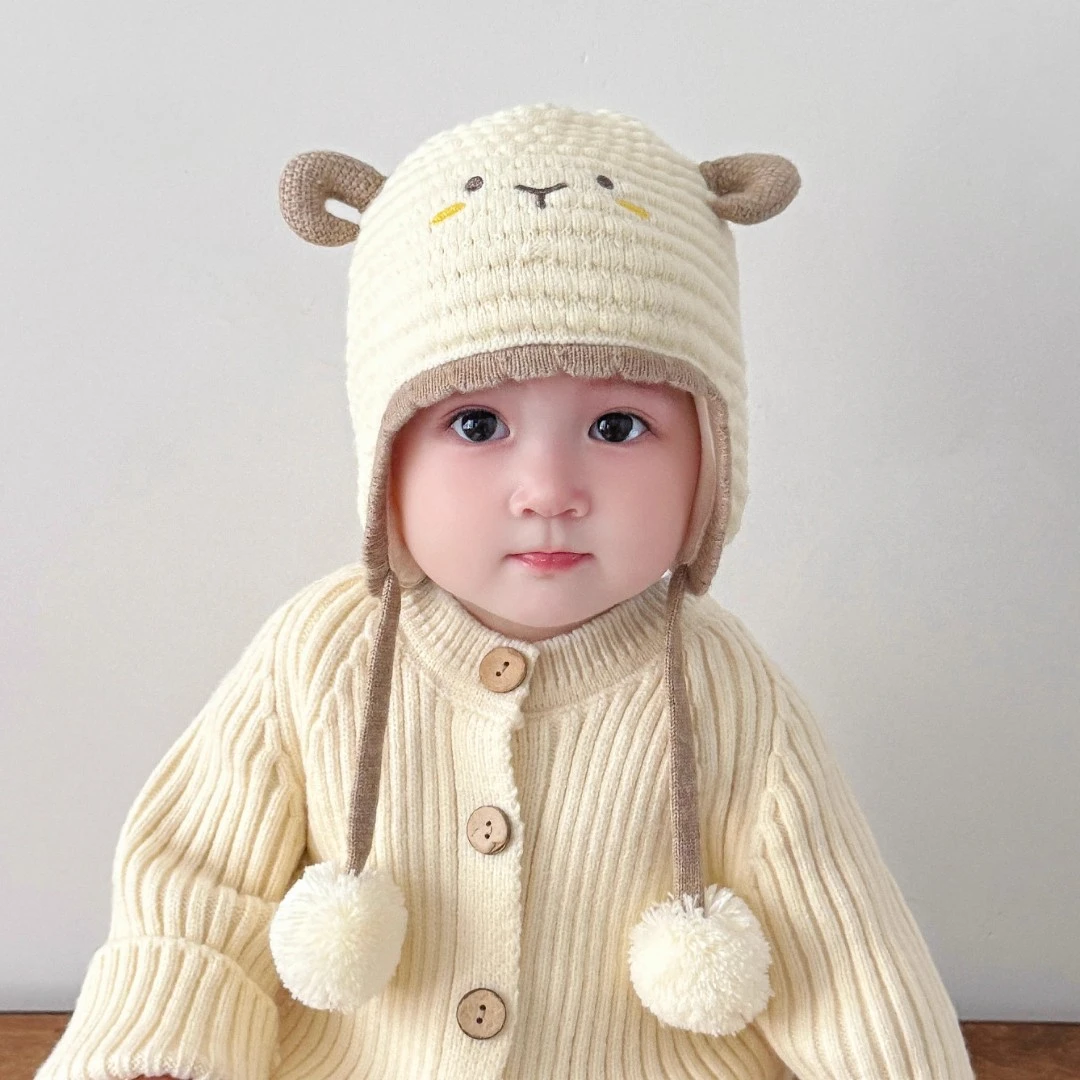 宝宝帽子可爱超萌秋冬新款卡通小绵羊护耳毛线帽婴幼儿针织套头帽