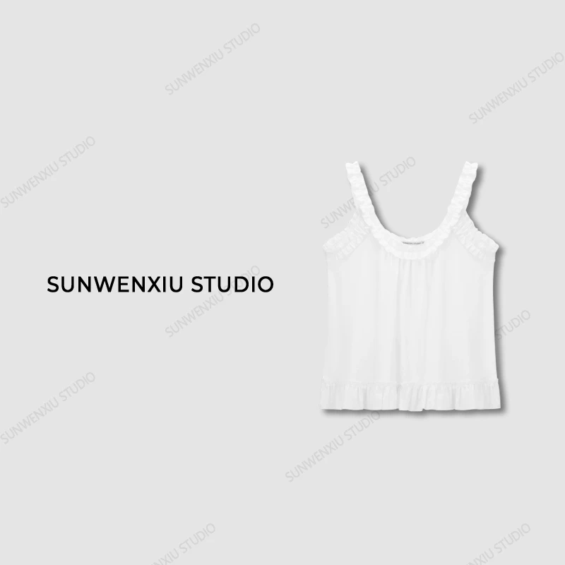 swx studio2店 “清晨阳光”白色木耳边纯欲吊带小衫