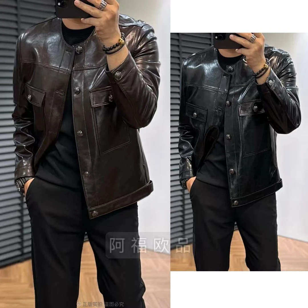 【阿福欧品】男士高奢百搭圆领立体口袋皮衣