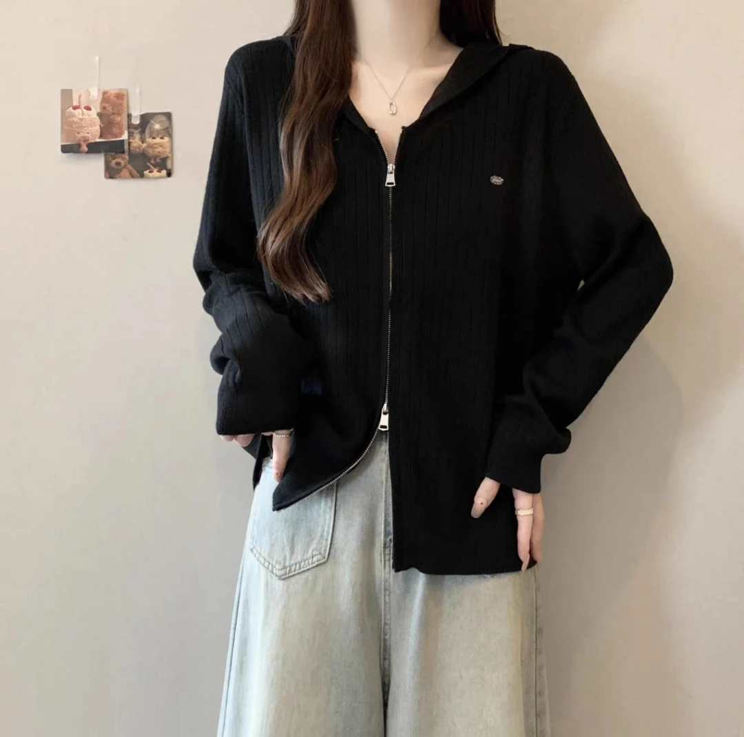 大码女装v领连帽卫衣女休闲外套2025秋胖mm百搭宽松针织开衫093