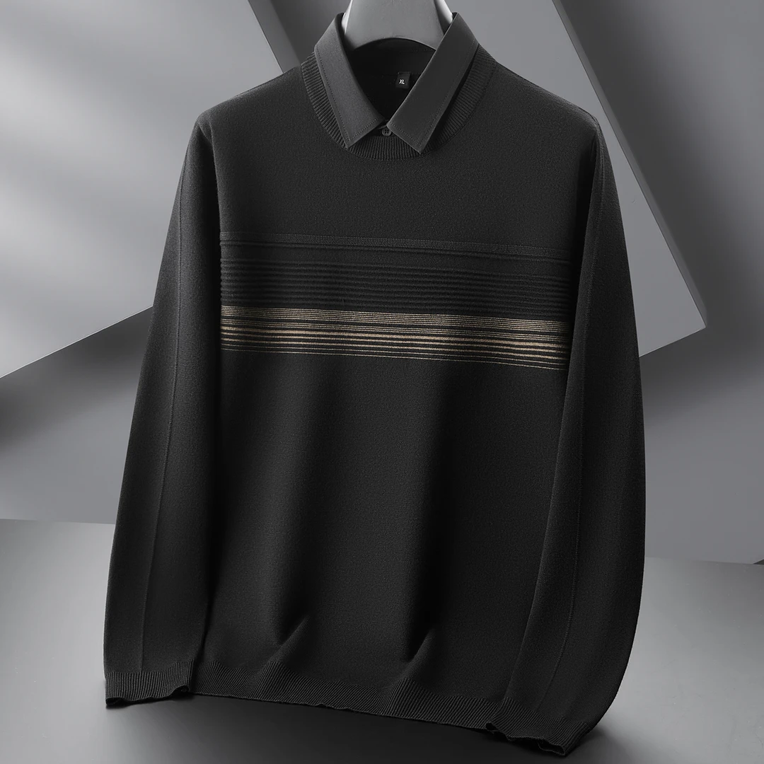 加肥加大衬衫领休闲条纹毛衣男秋冬大码男装肥佬假两件长袖针织衫