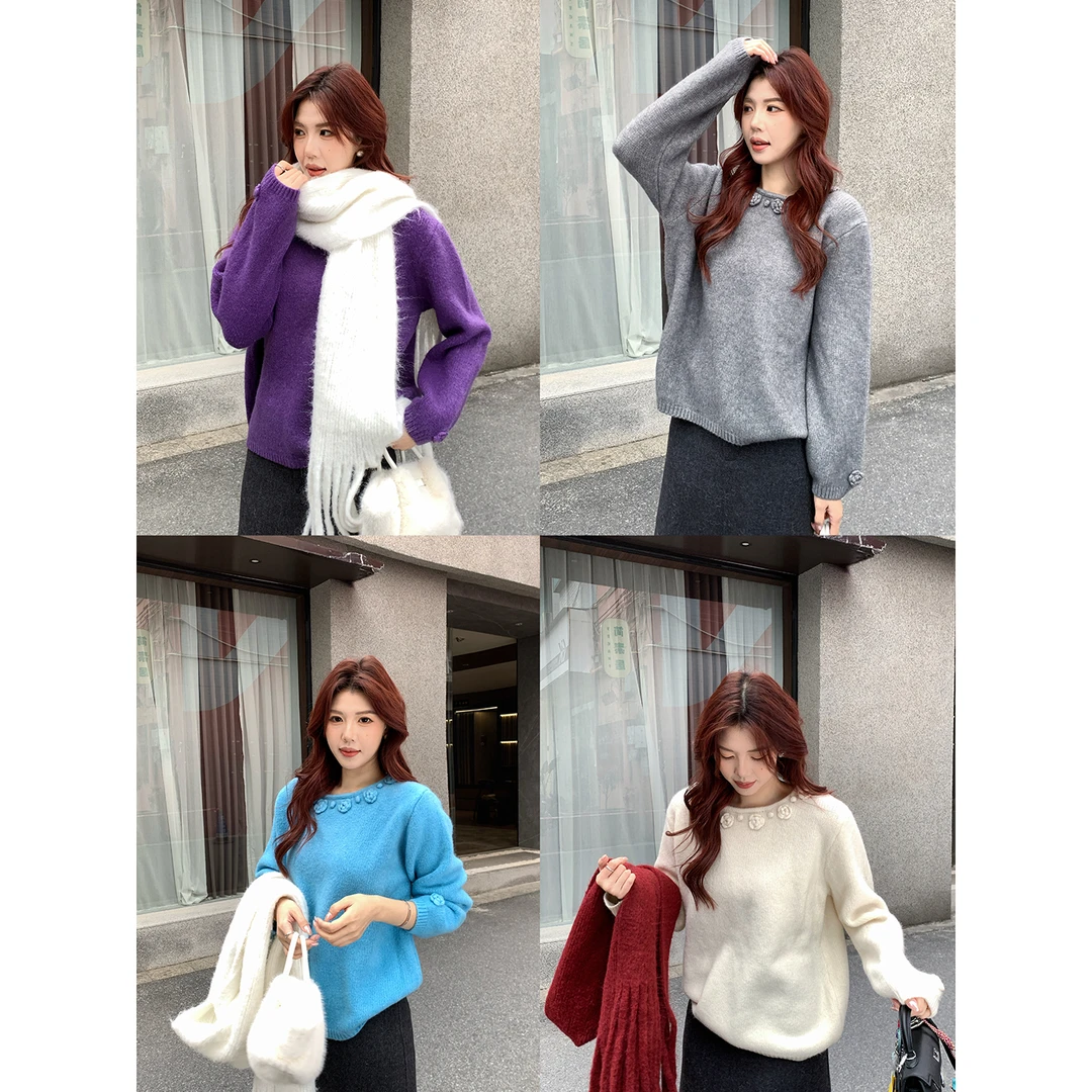 甜辣多多【雪绒花】立体花朵软糯毛衣女2025年冬显瘦内搭针织打底衫