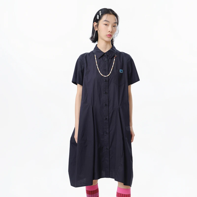 MOVEUP幻走2025夏季新款.FUN 翻领直筒门襟梭织连衣裙325221316