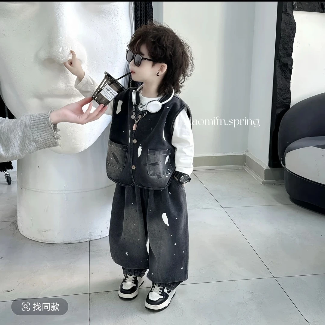 男童春装牛仔套装2025新款中小童春秋季儿童痞帅马甲三件套潮FY