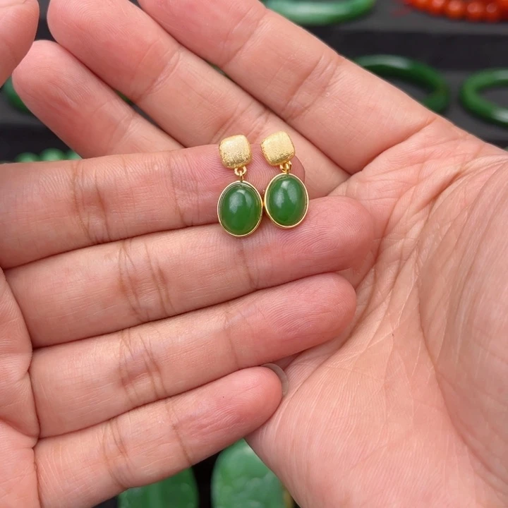 和田玉（碧玉）银S925镶嵌耳饰