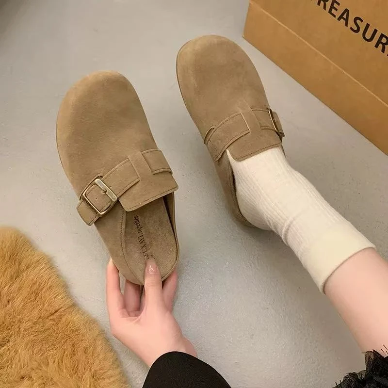 三福博肯包头拖鞋秋季新款勃肯鞋厚底半拖软皮软底低帮女勃肯拖鞋