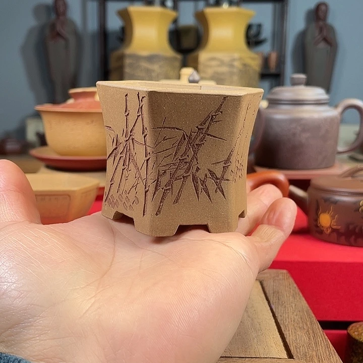 紫砂茶杯手工六方小花盆