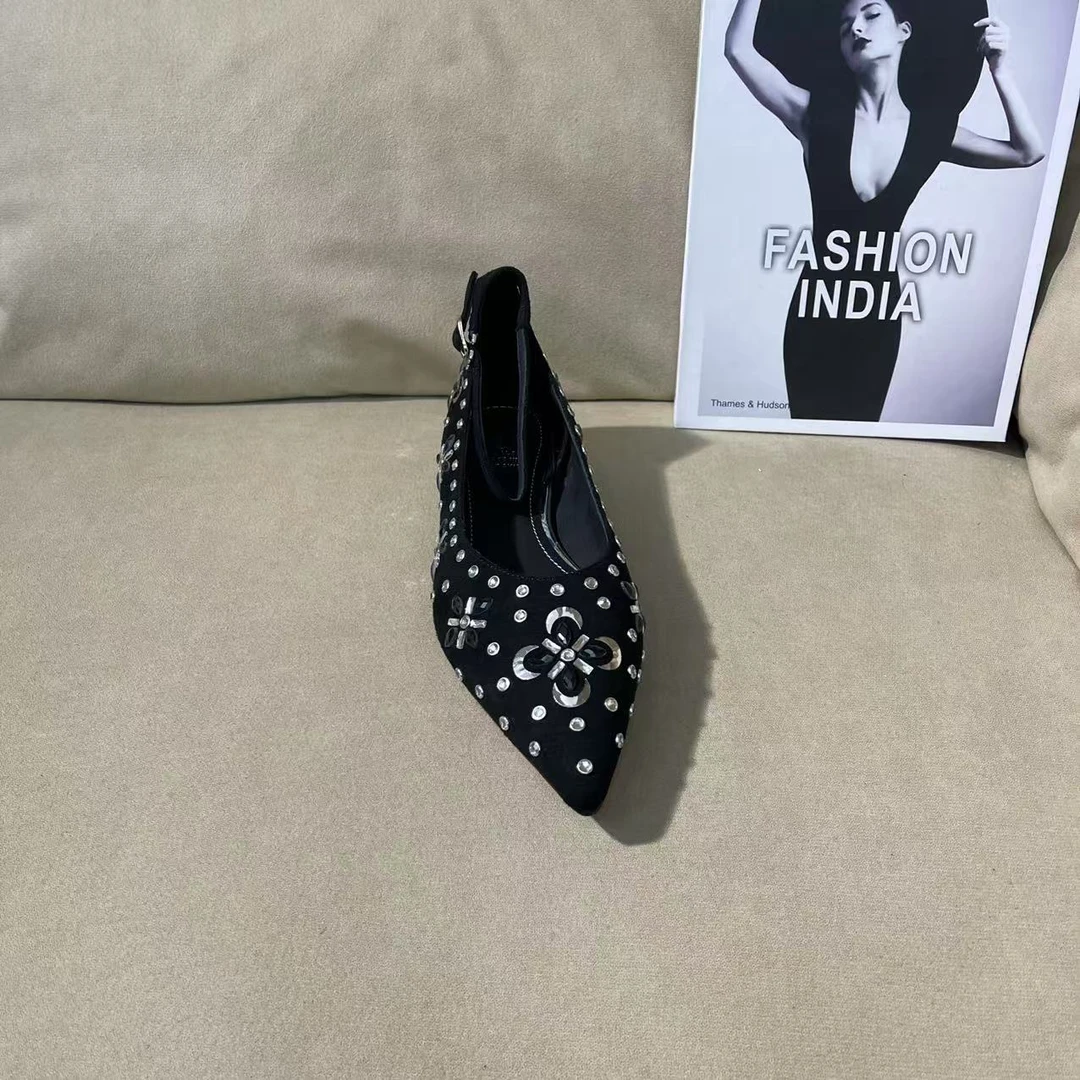 1035【花与她】黑色低跟小尖头百搭休闲羊猄纯手工单鞋C【2cm】