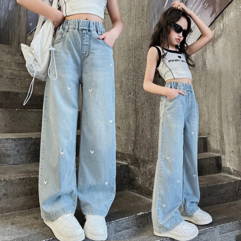 女童裤子夏季薄款2025新款春秋大童时尚洋气直筒阔腿裤儿童牛仔裤