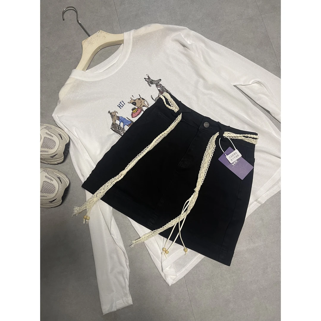 W4396王仙女 复古高腰辣妹牛仔短裙女显瘦防走光a字包臀半身裙