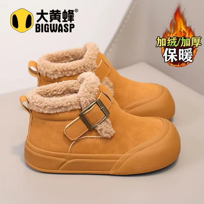 大黄蜂男童鞋6-12岁潮款勃肯防水棉鞋2025冬季加绒板鞋加厚保暖鞋