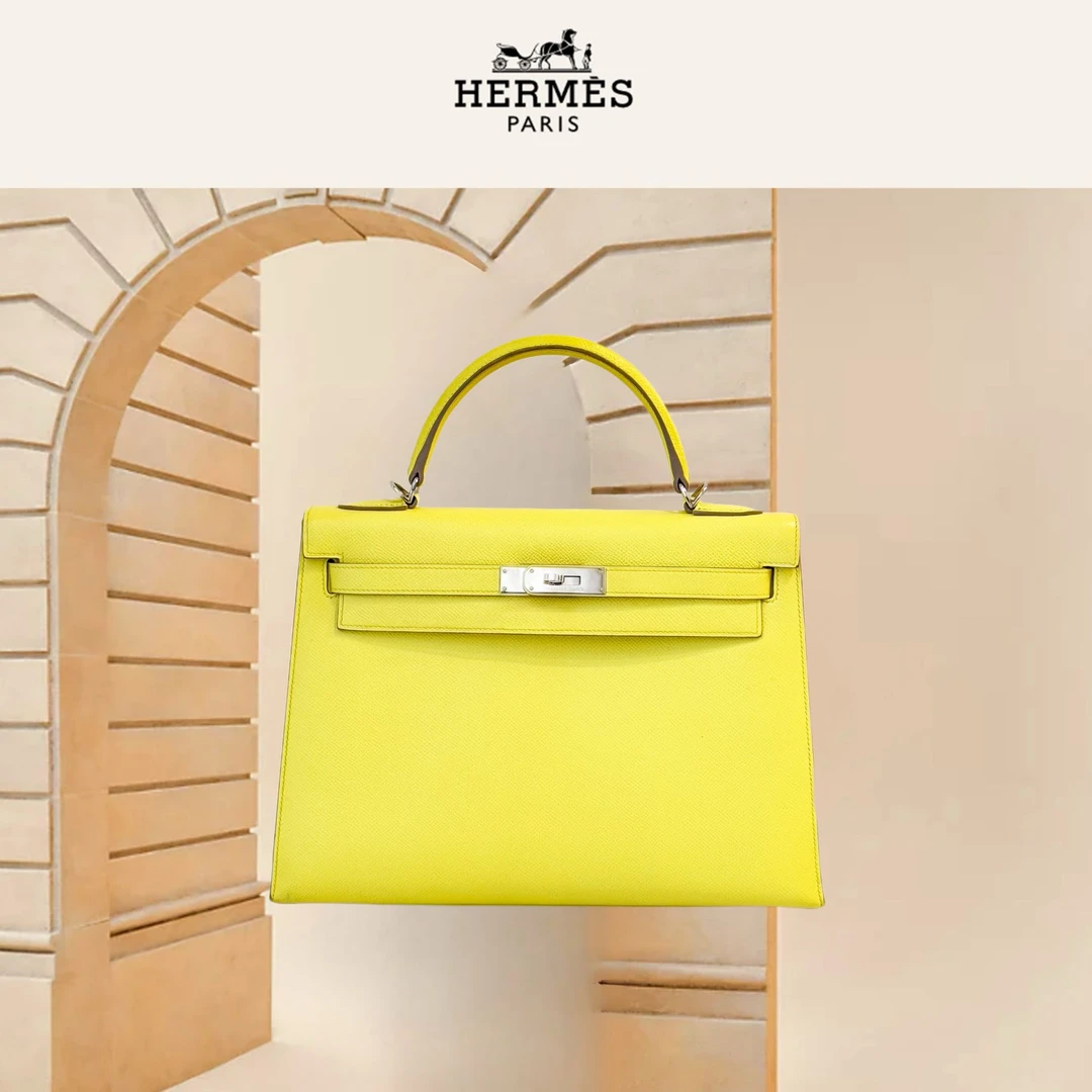 99新 Hermes/爱马仕 Kelly32 C9鹅黄色银扣，epsom皮，Q刻