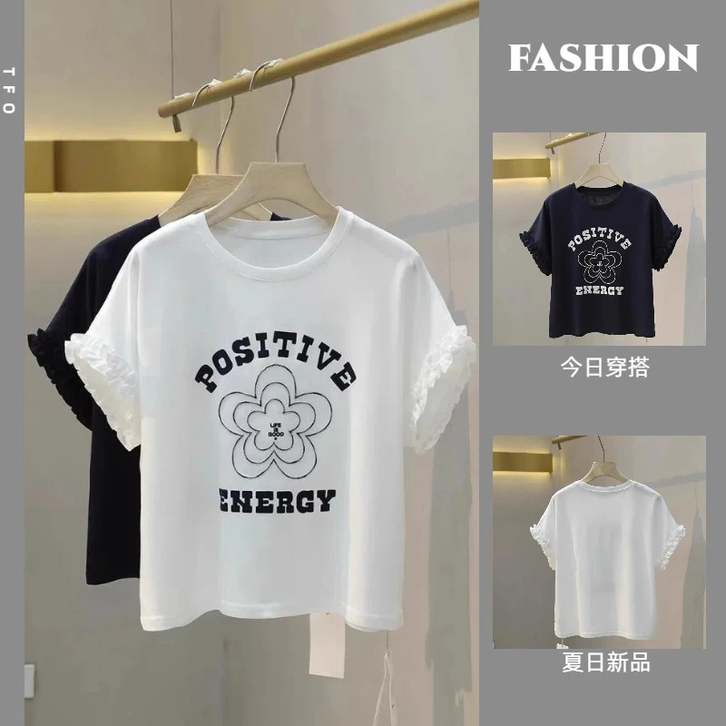 小个子休闲宽松短款刺绣花朵字母印花花边短袖女设计感百搭T恤