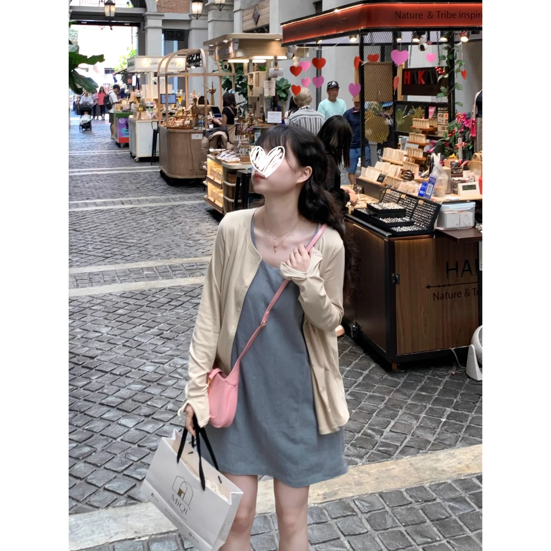 早秋新款纯欲休闲长袖开衫~外穿内搭背心裙裙子套装Y3058