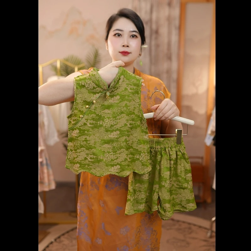 F绿萝套装#夏季汉元素无袖儿童背心观赛搭子套女童夏款古风套装