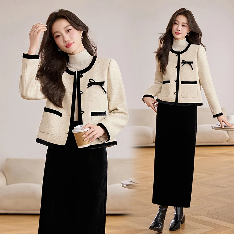 法式小香风毛呢套装裙女2025秋冬新款圆领拼接蝴蝶结半身裙两件套
