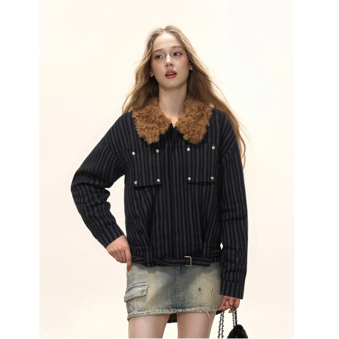 QYao Girls黑色灯芯绒条纹毛领外套女冬季加厚保暖短款夹克上衣