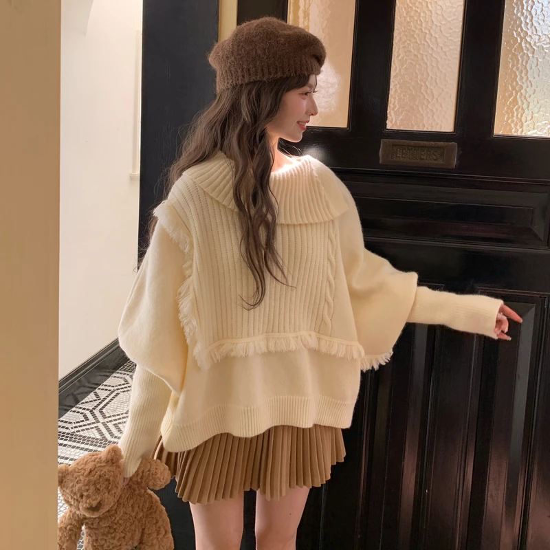 森女部落甜美风不规则翻领套头针织衫女2025新款设计感宽松毛衣冬