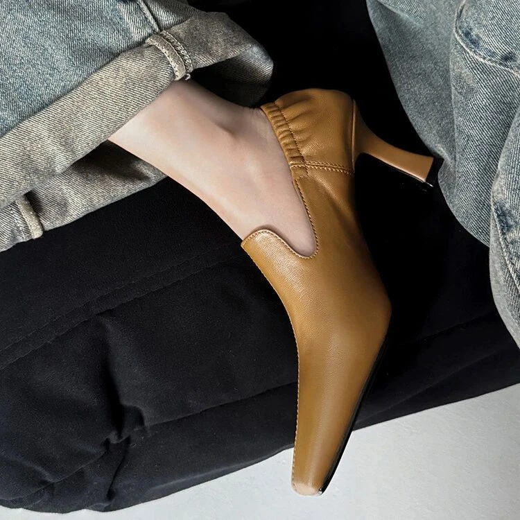 2025秋季新款真皮方头细跟高跟鞋里外全皮羊皮褶皱深口单鞋奶奶鞋