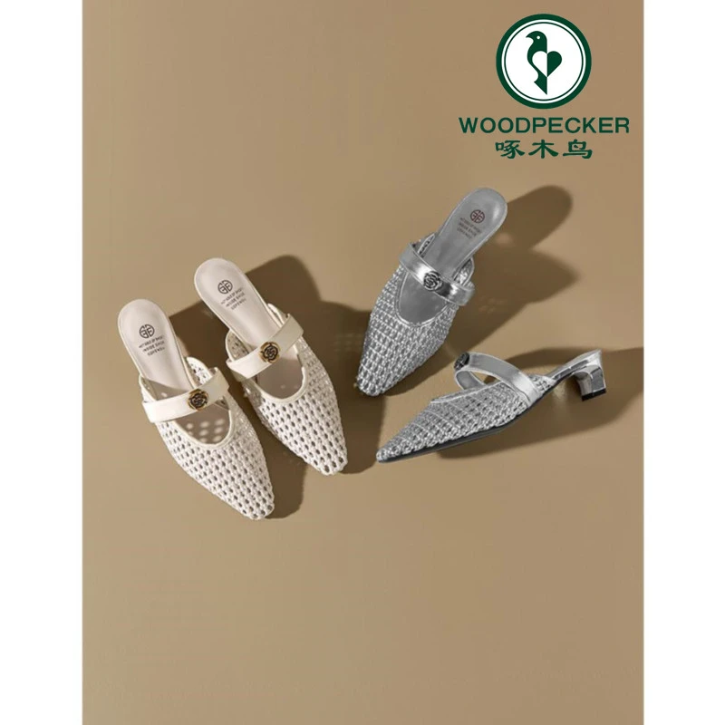 啄木鸟2025新款夏新款编织凉鞋小众镂空包头凉拖通勤时尚低跟拖鞋