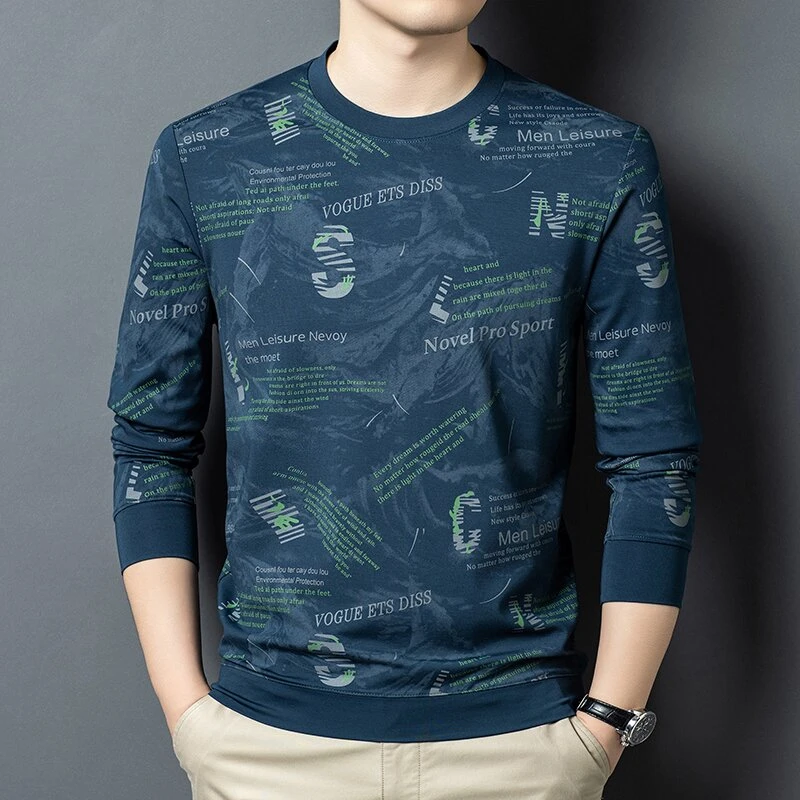 秋季长袖印花流光风男士印花卫衣上衣时尚休闲中年男士潮流薄款