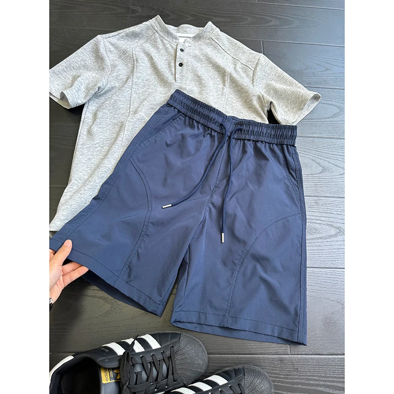 藏青色斜切速干短裤男夏季宽松美式篮球五分裤子休闲运动过膝中裤