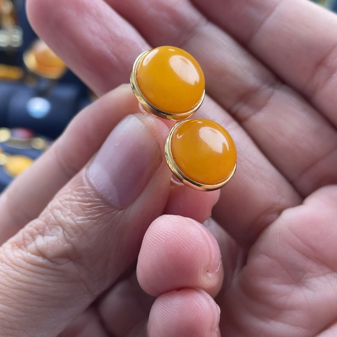 蜜蜡耳饰银S925镀金镶嵌