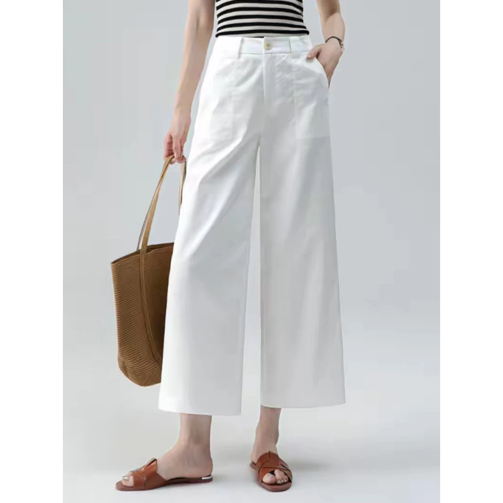 藏蓝色阔腿裤女2025年夏季新款高腰宽松显瘦九分薄款直筒休闲裤子