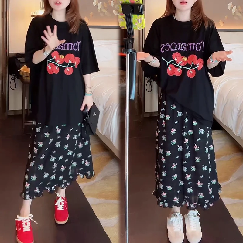 韩版休闲减龄套装女2025夏季新款印花短袖t恤碎花半身裙子两件套