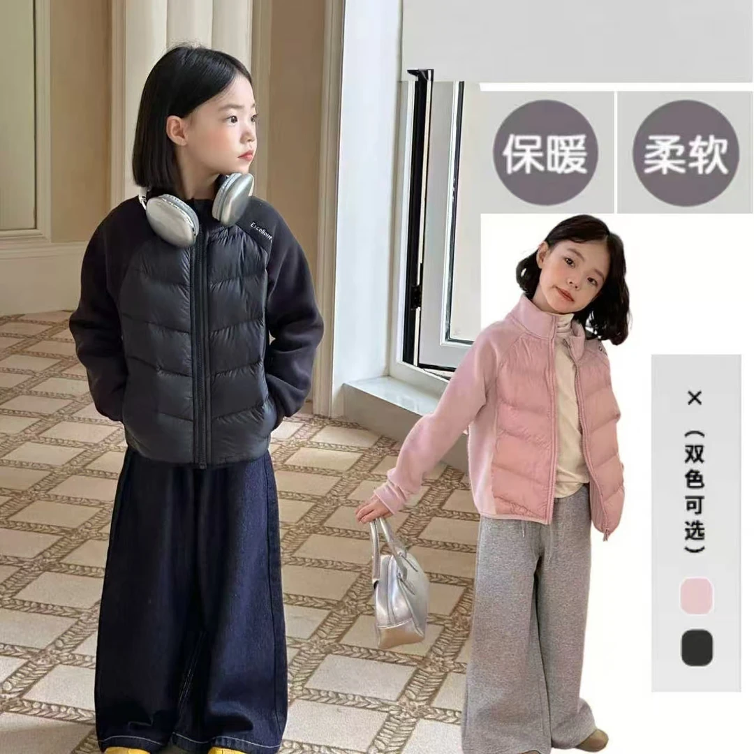 2025冬季新款男女童修身薄款棉衣摇粒绒拼接儿童短款棉服外套潮流