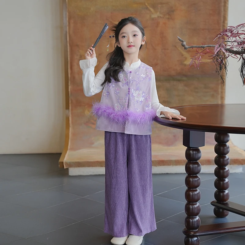 53928女童新中式汉服套装马甲秋装2025新款早秋古风穿搭女孩唐装