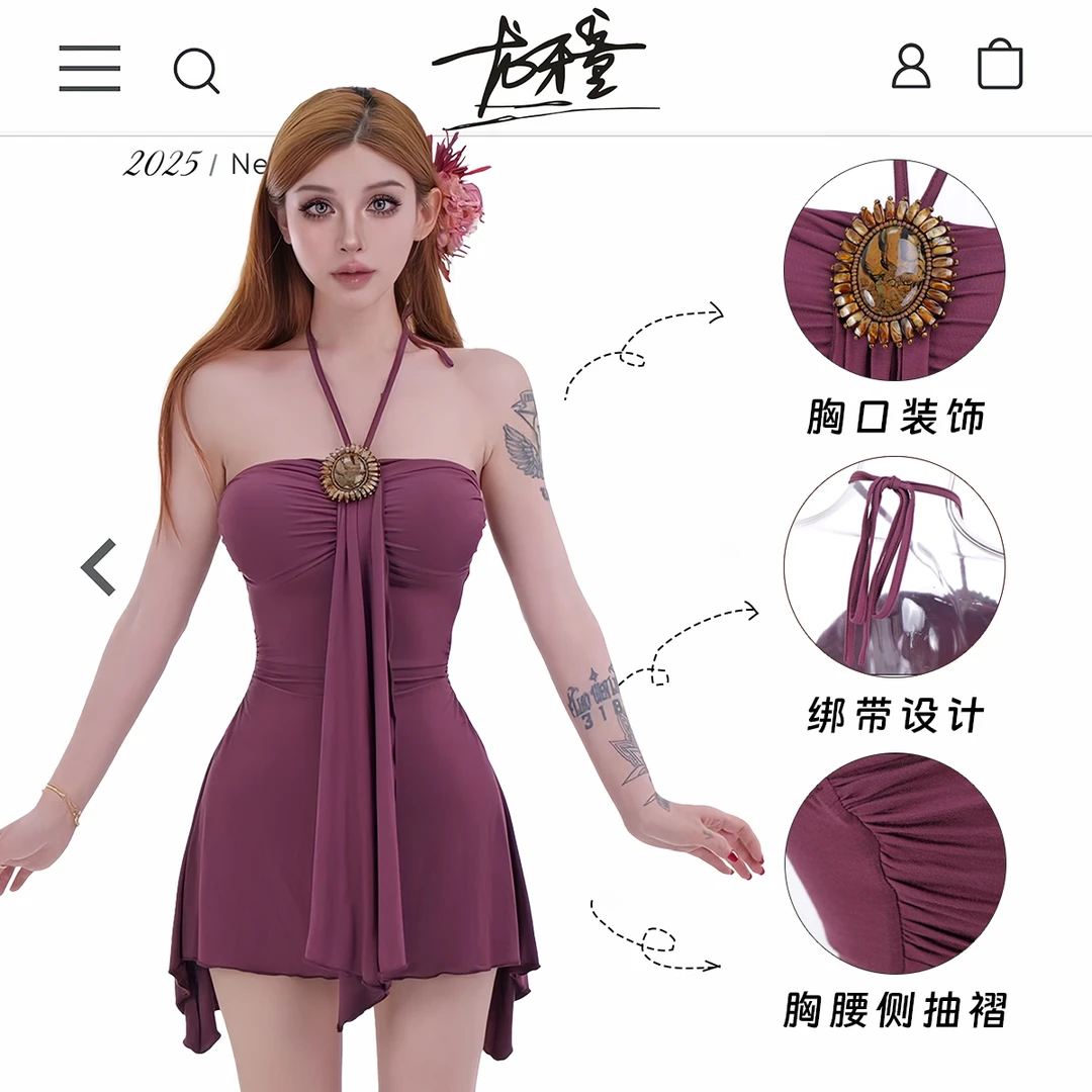 龙牙童推荐【CCD美女】显瘦性感吊带挂脖连衣裙不规则收腰遮肚显白