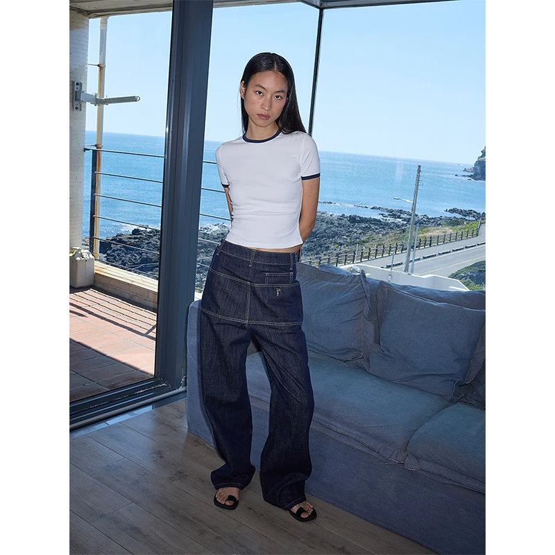 TDDP“重影DENIM”原牛色牛仔裤女春夏设计感小众宽松拖地长裤子