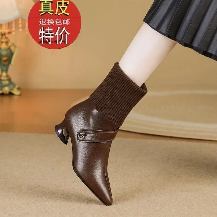 倍安吉弹力靴新款秋冬针织毛线短筒靴粗跟尖头时尚阔腿裤雪地靴