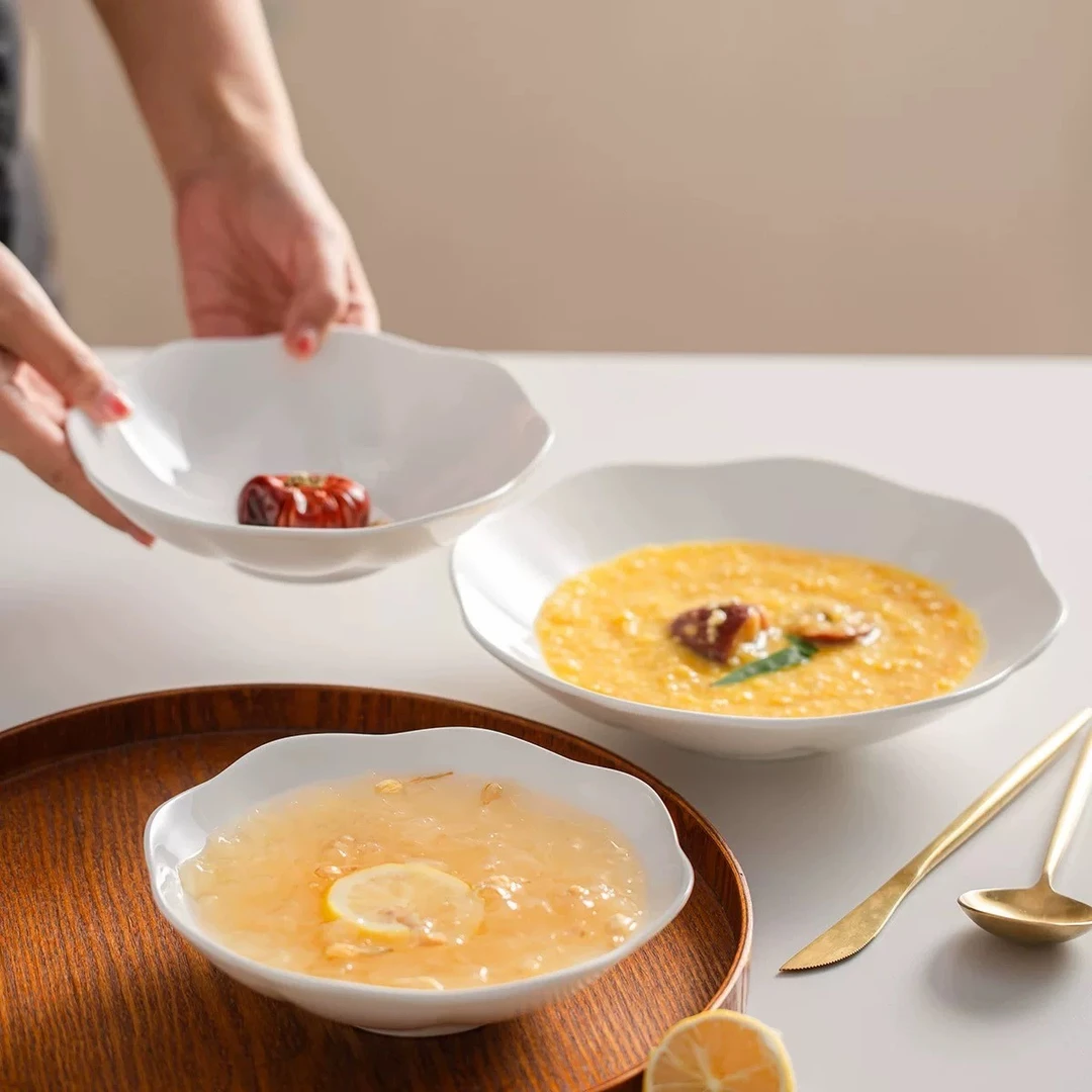 景德镇高温纯白骨质瓷【菊花汤盘】