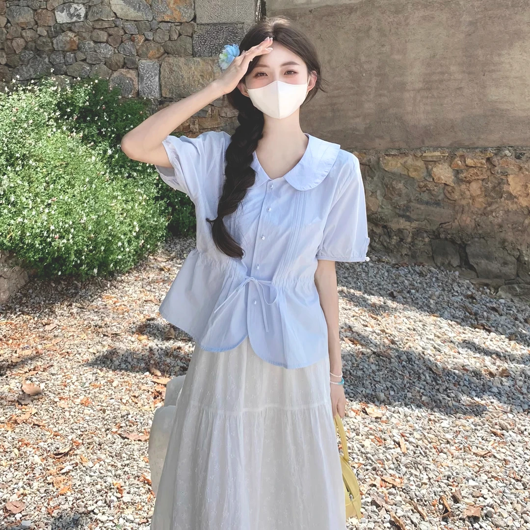 蓝色娃娃领衬衫女夏超好看特别漂亮掐腰上衣法式独特泡泡袖娃娃衫