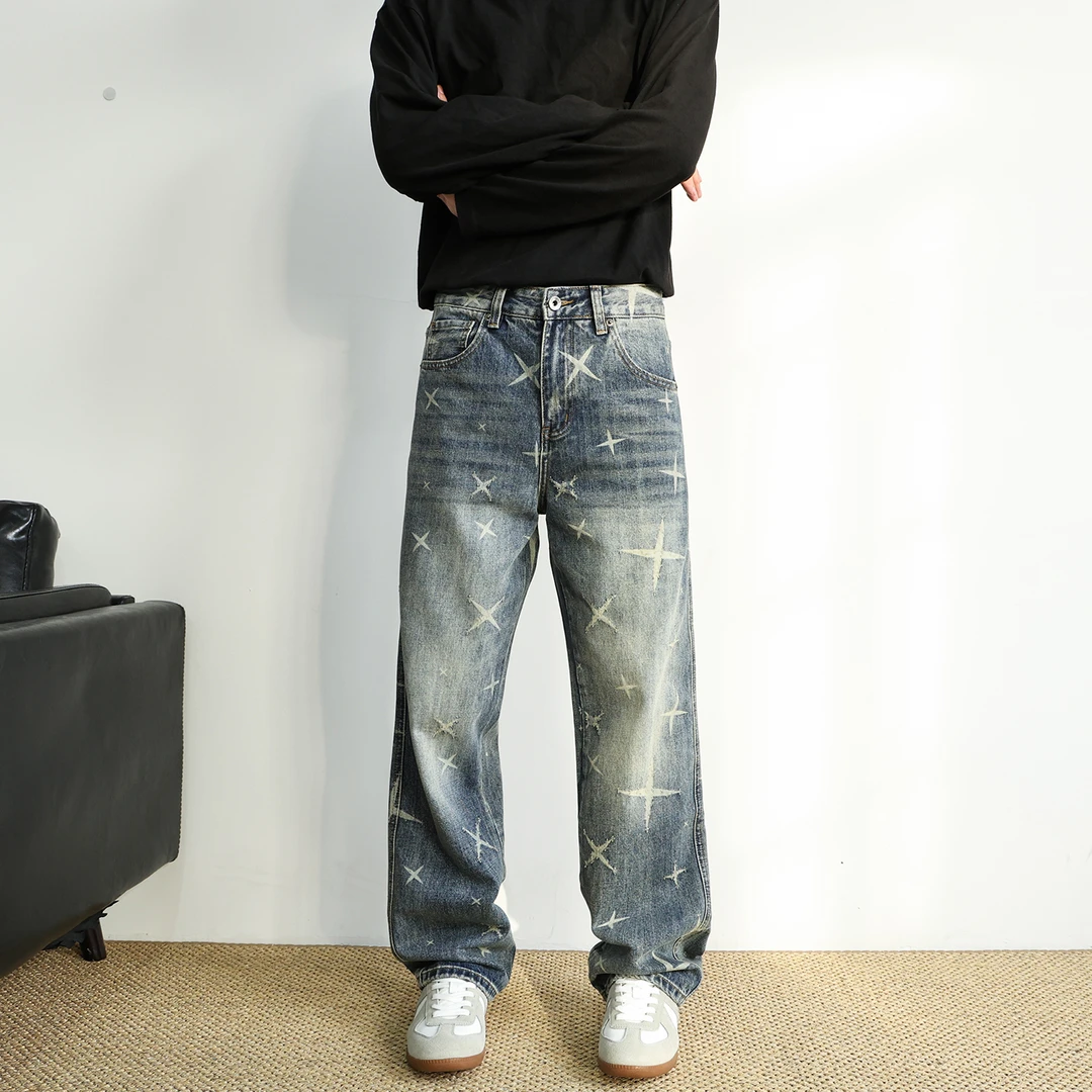 SYBBZ 原创个性痞帅印花刮痕设计感星星长裤男直筒宽松蓝色牛仔裤