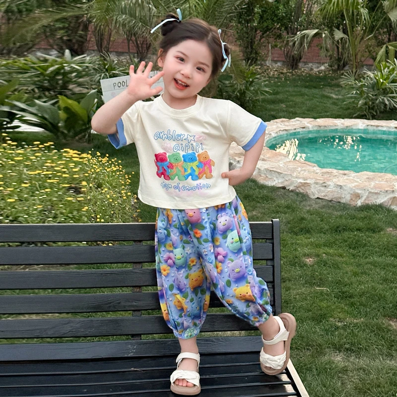 儿童夏装套装2025新款度假风女童印花小熊短袖洋气休闲薄款两件套