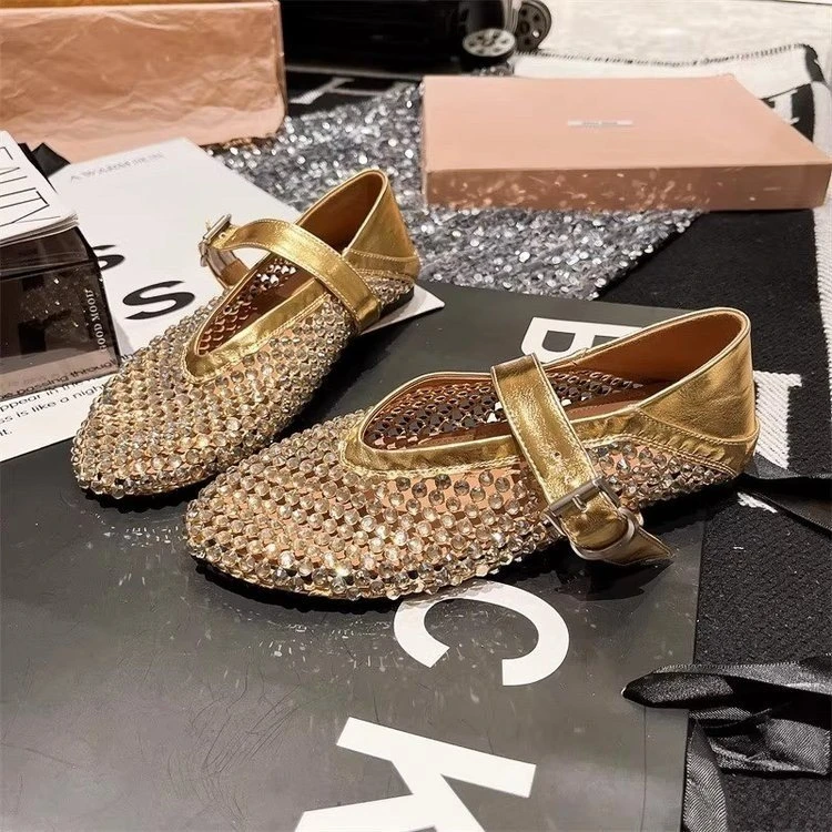 小众新款镂空满钻渔网单鞋女2025夏新款透气一字扣百搭玛丽珍凉鞋