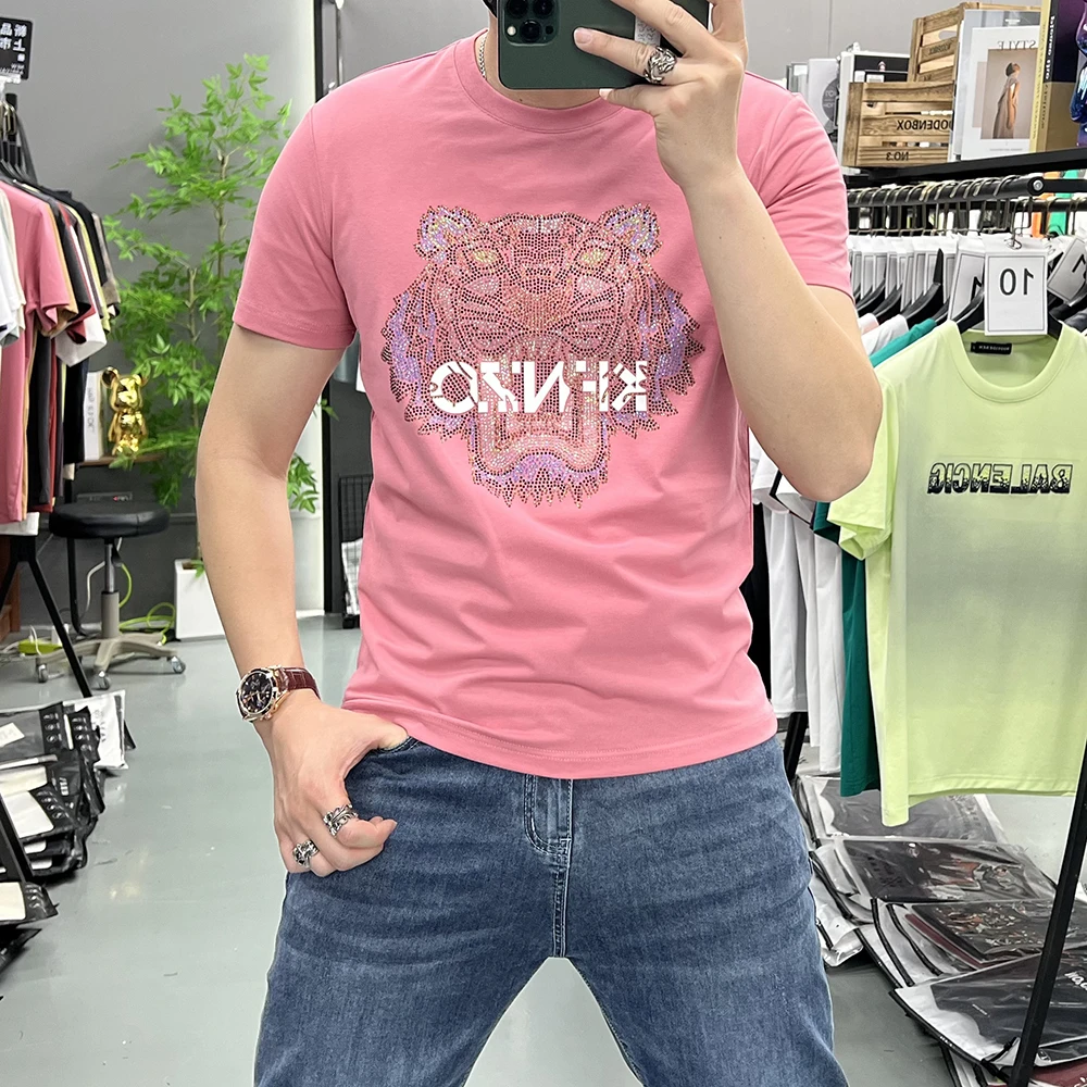 烫钻通用短袖烫钻萌虎男士T恤夏季男装高品质上衣t恤男士个性