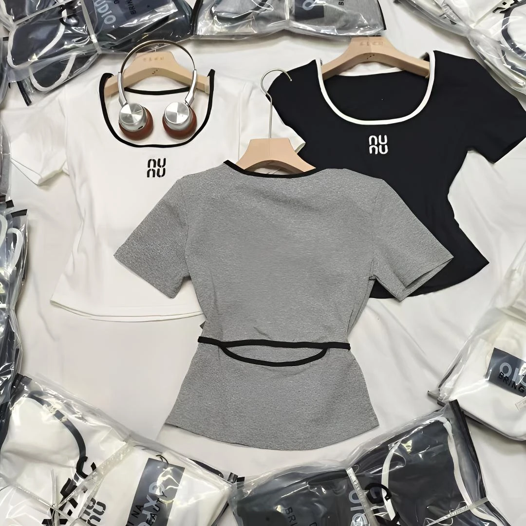 2025夏季后背镂空U领字母刺绣小众设计感短袖T桖时尚修身显瘦百搭