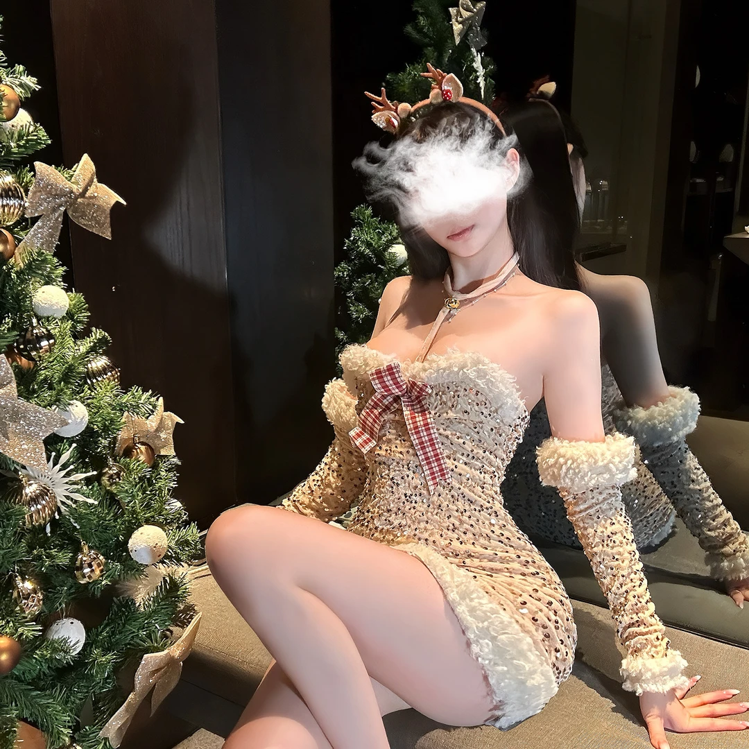 圣诞精灵内衣香槟金神鹿贵气战袍蝴蝶结绑带点缀氛围感blingbling